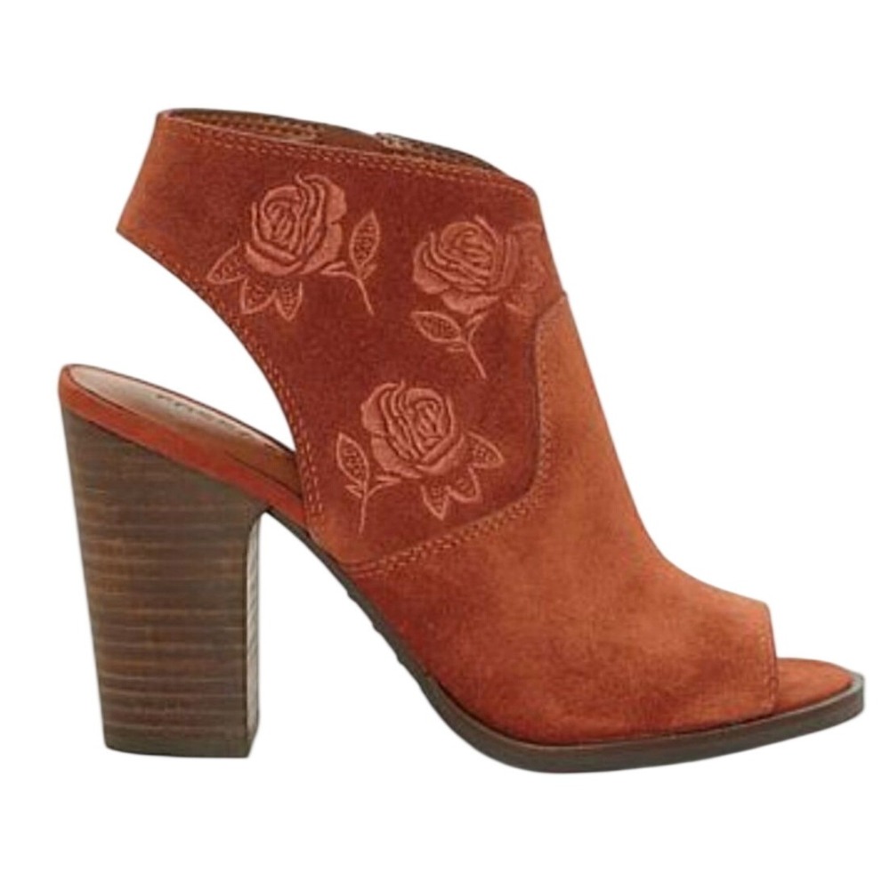 Lucky Brand Llstana Womens Brown Suede Rose Embroidered Peep Toe Booties Sz 9.5M
